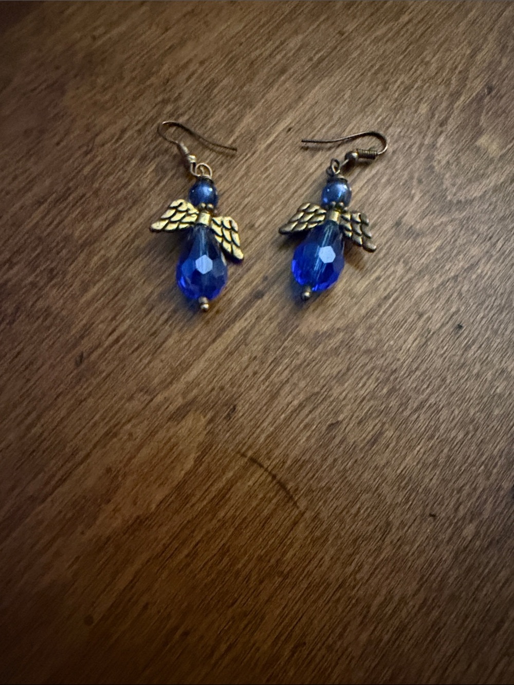 Blue Crystal Angel Drop Earrings - Gold Wings